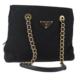 PRADA Chain Shoulder Bag Nylon Black Gold Auth 148283